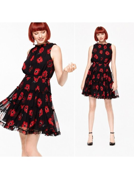 kate spade new york Dresses & Skirts - Kate Spade Poppy Chiffon Fit & Flare Mini Dress 6 Ruffles Red Black Silk Floral